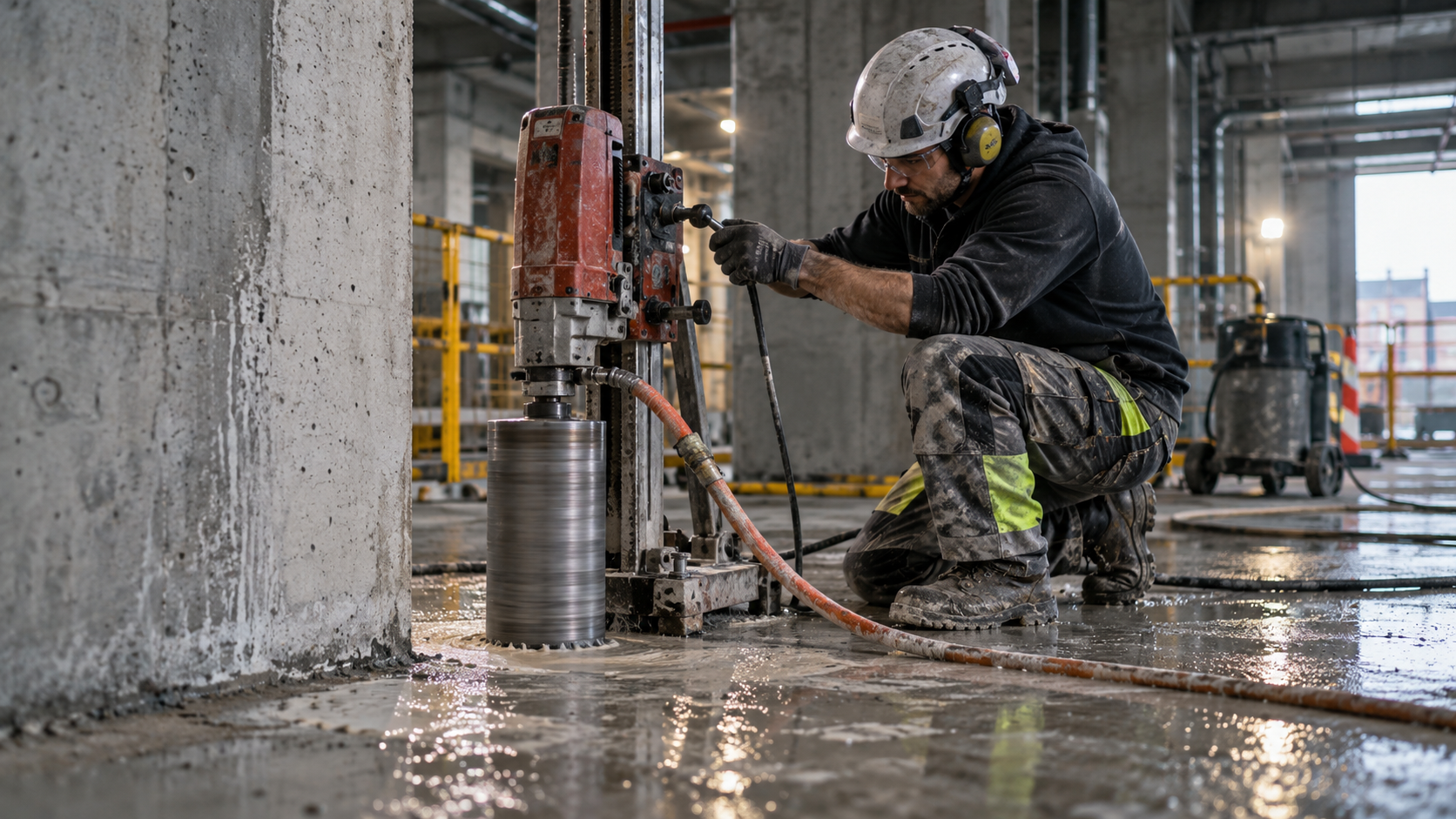 Opérateur réalisant un carottage au diamant dans un bâtiment industriel